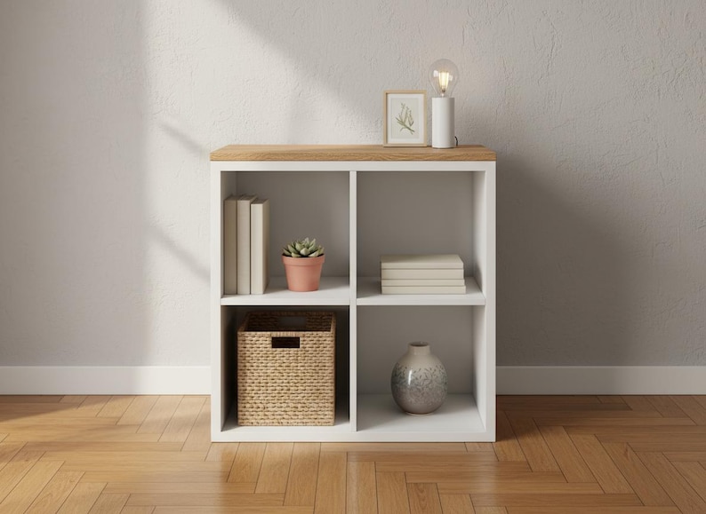 May include: A white cube shelf unit with four compartments. The top is wood-toned. Items in the compartments include books, a potted succulent, a woven basket, a stack of books, and a decorative vase. A small lamp and framed art piece sit on top.
