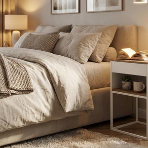 Könnte beinhalten: Ein beigefarbenes Schlafzimmer mit einem Bett mit Kissen und einer Strickdecke. Ein weißer Nachttisch mit Holzplatte trägt ein Buch, einen Wecker und kleine Pflanzen. Der Raum wirkt warm und einladend.