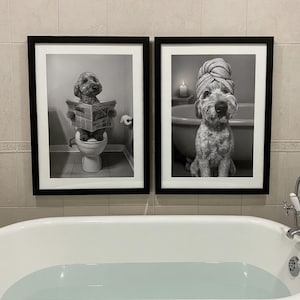 May include: Two framed black and white prints of dogs in a bathroom setting. One shows a dog on a toilet reading a newspaper, the other shows a dog with a towel on its head. A white bathtub is in the foreground.