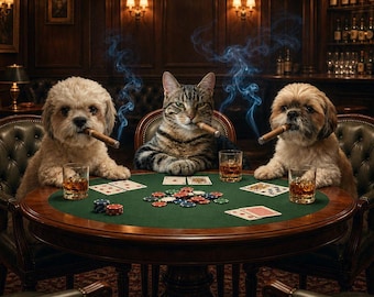 Peut inclure: Une image humoristique d'une partie de poker avec un chat et deux chiens. Ils sont assis autour d'une table en feutre vert, chacun tenant un cigare et un verre de whisky. Des jetons de poker et des cartes sont éparpillés sur la table.