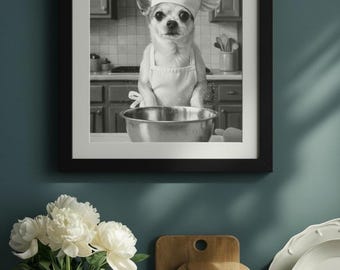 Funny Chef Pet Portrait | Black & White Custom Dog Kitchen Art