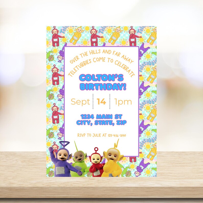 May include: A colorful birthday invitation featuring Teletubbies characters. The invitation includes the text "Colton's Birthday!" with the date, time, and address. The design incorporates a playful pattern with Teletubbies and suns.