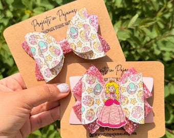 Pastel Princess Peach Hair Bow, Pink Glitter Gamer Accessory