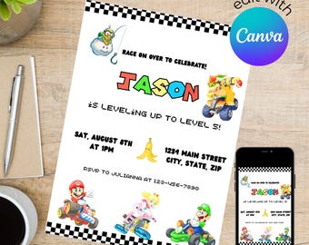 Mario Kart Birthday Party Invitation, Digital Template
