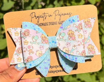 Lazo para el cabello con purpurina de piel sintética de Mario Galaxy, lazo de Rosalina y la Princesa Peach, accesorio de cumpleaños para gamers,