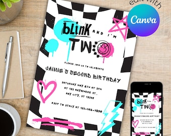 Blink and I’m Two, Punk Rock Birthday Party Invitation (digital template)