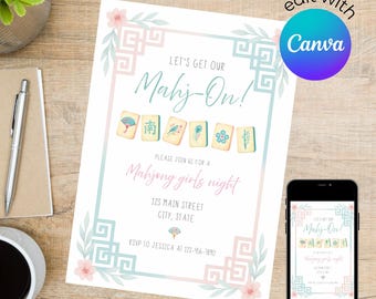 ¡A jugar al Mahjong! Invitación para una noche de juegos de chicas (Plantilla digital)