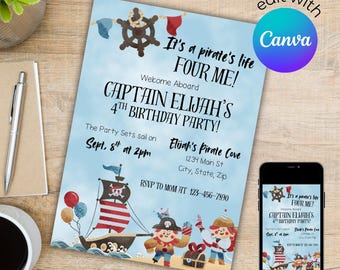 Pirates Life FOUR Me Birthday Invitation Digital Template