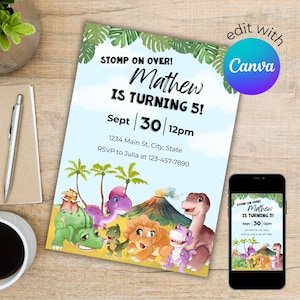 May include: A colourful dinosaur-themed birthday invitation with the text "STOMP ON OVER! Mathew IS TURNING 5!" and event details. The invitation features illustrations of dinosaurs, palm trees, and a volcano.