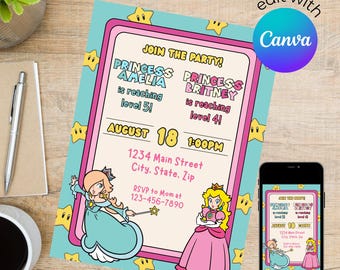 Rosalina & Peach Joint Birthday Party Invitation Digital Template