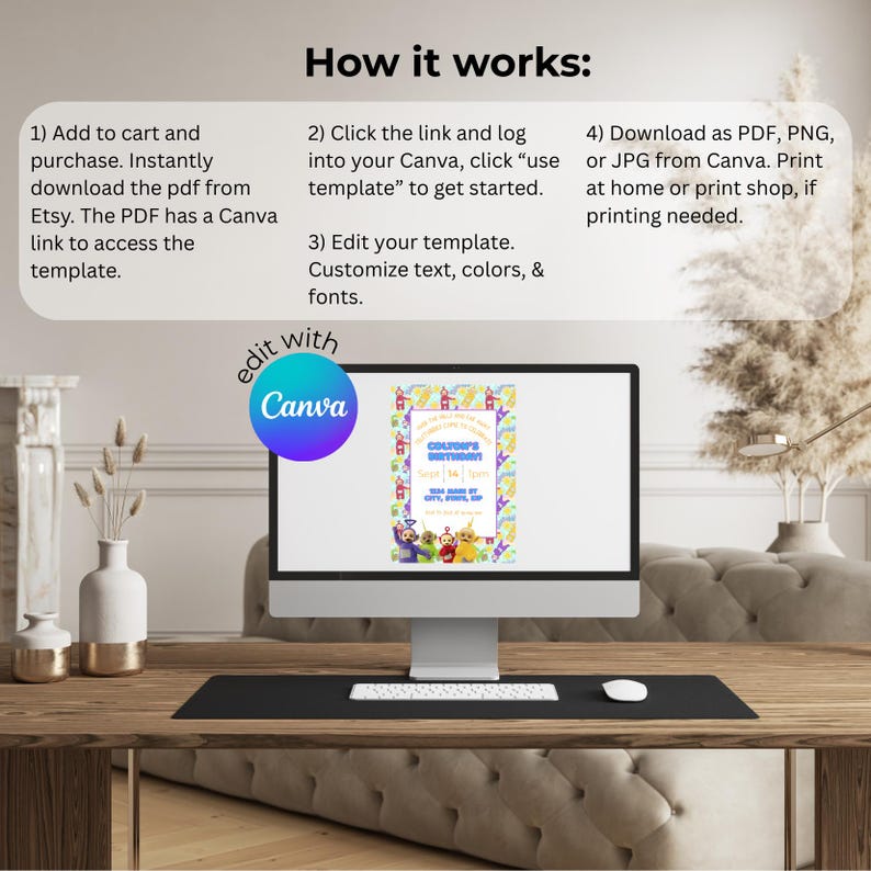 May include: A computer monitor displays a colorful birthday invitation template featuring cartoon characters. The screen is on a wooden desk with a mouse and a black mousepad. Text on the screen reads "Colton's Birthday". The image also includes instructions on how to use the template.