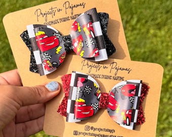 Racing Car Hair Bow | Checkered Bow | Black or Red Glitter