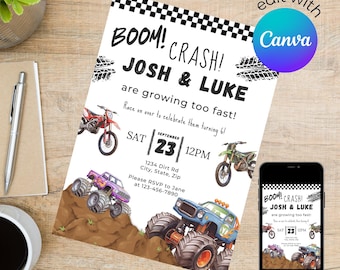 Monster Truck, Dirt Bike Twin/Joint Birthday Invitation Digital Template