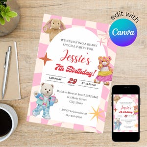 Pode incluir: Convite para festa de aniversário rosa e branco com fundo xadrez. O convite apresenta ilustrações de ursinhos de pelúcia e o texto "7º Aniversário da Jessie!" com data, hora e local. Um smartphone mostra o convite.
