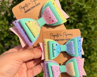 Pastel Rainbow Glitter Faux Leather Hair Bows – Pigtail Bows, Mommy & Me Bundle