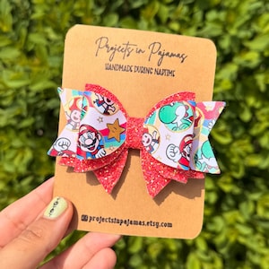 Lazo para el cabello de Mario de piel sintética con purpurina, accesorio de cumpleaños para gamers, fiesta de videojuegos