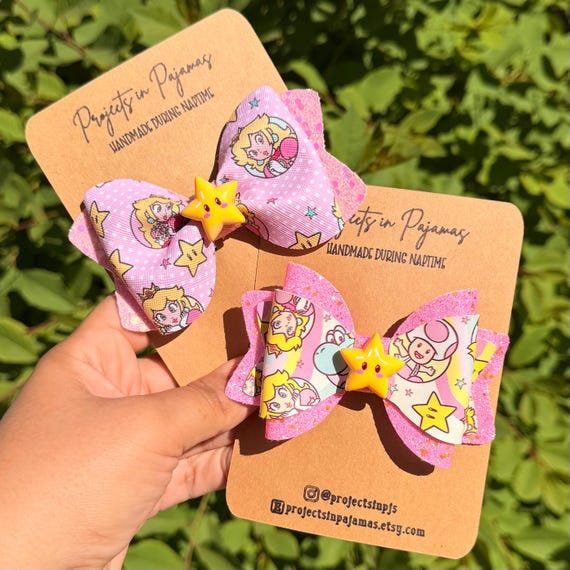 Peach Inspired Hair Bow, Pink Glitter Gamer Accessory, Video Game Party, Star Embellished Clasp
