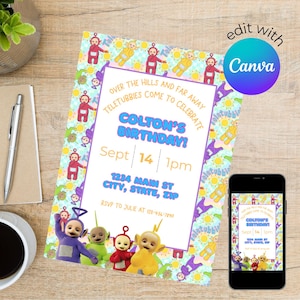 May include: A colorful birthday invitation featuring Teletubbies characters. The invitation includes the text "Colton's Birthday!" with the date, time, and address. A smartphone displays the invitation. The invitation is on a wooden surface.
