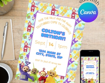Teletubbies Birthday Party Invitation, Editable Digital Canva Template