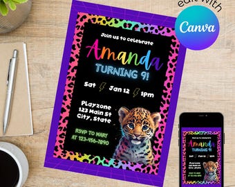 Rainbow Leopard Birthday Party Invitation Digital Template