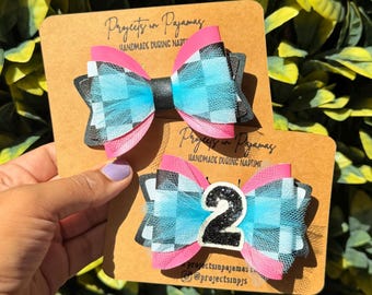 Blink And I'm Two Birthday Hair Bow – Punk Rock Checkered Faux Leather Tulle Accent