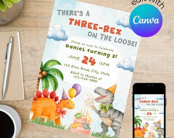 Three-Rex, Third Birthday Party Invitation (digital template)