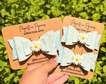 Pastel Blue Daisy Faux Leather Hair Bows | Pigtail Set | Mommy & Me Bundle