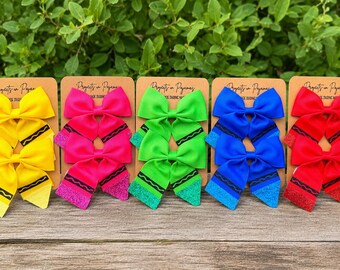 Crayon Pigtail Hair Bow Set | Back to School Bow