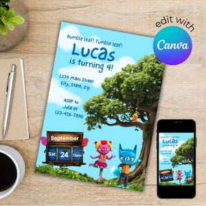 May include: A light blue birthday invitation with the text "Lucas is turning 4!" and event details. The design includes cartoon characters, a tree, and the Canva logo. A smartphone displays the same invitation.