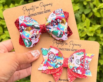 Lazo para el cabello de Mario de piel sintética con purpurina, accesorio de cumpleaños para gamers, fiesta de videojuegos