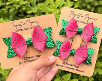 Watermelon Green Glitter Hair Bows - Summer Hair Accessories - Pigtail Set - Removable Headband Bow