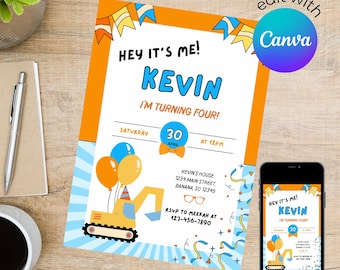 Blue and Orange Excavator Birthday Invitation Digital Template