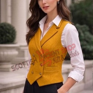 Gelbe Wolle Weste für Frauen - 100% Wolle Premium Handgefertigte Weste - Kilt Weste - Fischgrätenweste - 1930er Jahre Fischgrätenweste