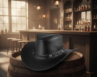 Handmade Black Leather Cowboy Hat: Unisex Western Outback Style