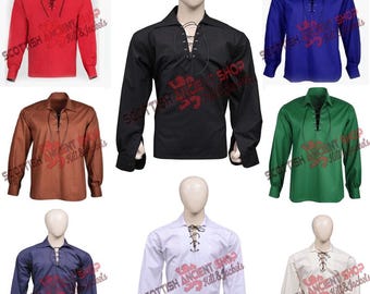 Scottish Kilt Shirt - 100% Cotton Jacobean Jacobite Ghillie Shirt - Highlander Scottish Kilt Shirt - Leather Laces Kilt Shirt