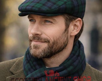 Scottish Tartan Flat Hat Cap With Matching Scarf for Men - Premium Handmade Plaid Flat Cap - Scarf Size 90 Inches x 12 Inches - Hand Fringed