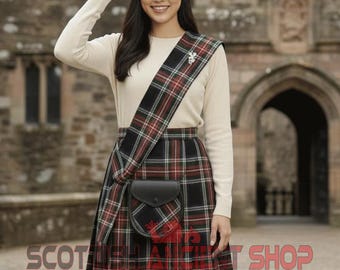 Scottish Tartan Women Maxi Skirt Outfit - Traditional Women Maxi Skirt Matching Tam Hat Scarf with Matching Tartan Sporran - 70+ Tartans