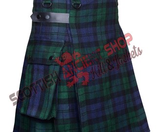 Scottish Handmade Black Watch Tartan Utility Kilt - 16 Oz Tartan Kilt - Leather Straps Utility Kilt - Custom Size Kilt