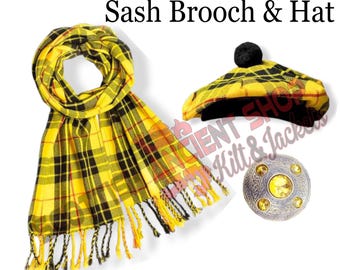 Scottish Tartan Tam Hat & Scarf - With Brooch - Acrylic Tartan Scarf Size 90 x 12 - Flat Bonnet Kilt Hat + Accessories Package