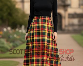 Scottish Handmade Buchanan Tartan Maxi Skirt for Women - Floor Length Tartan Hostess Skirt - Tartan Kilted Ladies Skirt - Made to Order