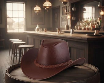 Handmade Leather Cowboy Hat for Men – Handmade Brown Genuine Leather Western Outback Cap with Chin Strap