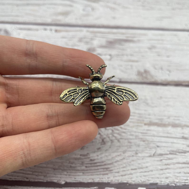 May include: A bronze-colored bee-shaped pin. The pin has detailed wings and body segments, with a textured surface. The bee is a decorative accessory, suitable for clothing or accessories.