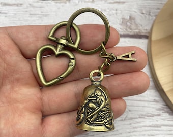 Brass Biker Bell Keychain, Brass Biker Bell with Stickman Rider, Lucky Charm Gift for Motorcyclists, Custom Initial Key Ring