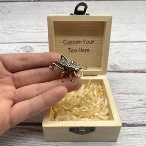 May include: A small, open wooden box with a hinged lid and a metal clasp. Inside, the box is filled with shredded paper. A detailed, metallic cricket figurine is held in front of the box. The text "Custom Your Text Here" is engraved on the inside of the lid.
