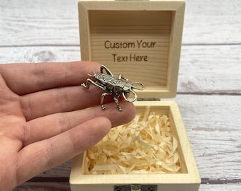 Brass Cricket Figurine, Handcrafted Insect Art, Nature's Musician Desk Pet, Custom Wood Box, Lucky Charm Gift, Miniature Brass Bug