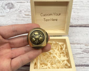 Brass Kinetic Sphere Spinner, 6-Side Rotating Desktop Toy with Symbols, Solid Brass Ball, Personalized Gift for Men with Wood Box