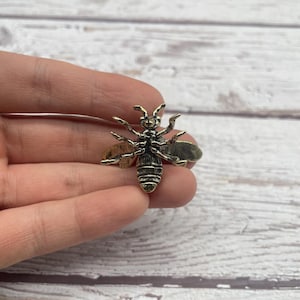 May include: A detailed, bronze-colored bee brooch. The insect pin features intricate detailing on the body, wings, and antennae. The brooch is a decorative accessory, suitable for adding a touch of nature-inspired style to clothing or accessories.