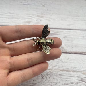 May include: A detailed bronze-colored bee pin with intricate wing and body details. The bee's wings are dark, and the body has a segmented design. This insect-themed accessory is suitable for jackets, bags, or hats.