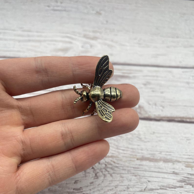 May include: A detailed bronze-colored bee pin with intricate wing and body details. The bee's wings are dark, and the body has a segmented design. This insect-themed accessory is suitable for jackets, bags, or hats.