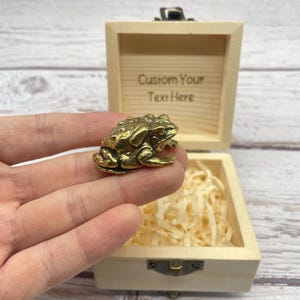 Könnte beinhalten: Eine kleine, detaillierte Froschfigur aus Messing wird in einer Hand gehalten, mit einer Holzkiste im Hintergrund. Die Box ist geöffnet und zeigt geschreddertes Papier und den eingravierten Text "Custom Your Text Here".